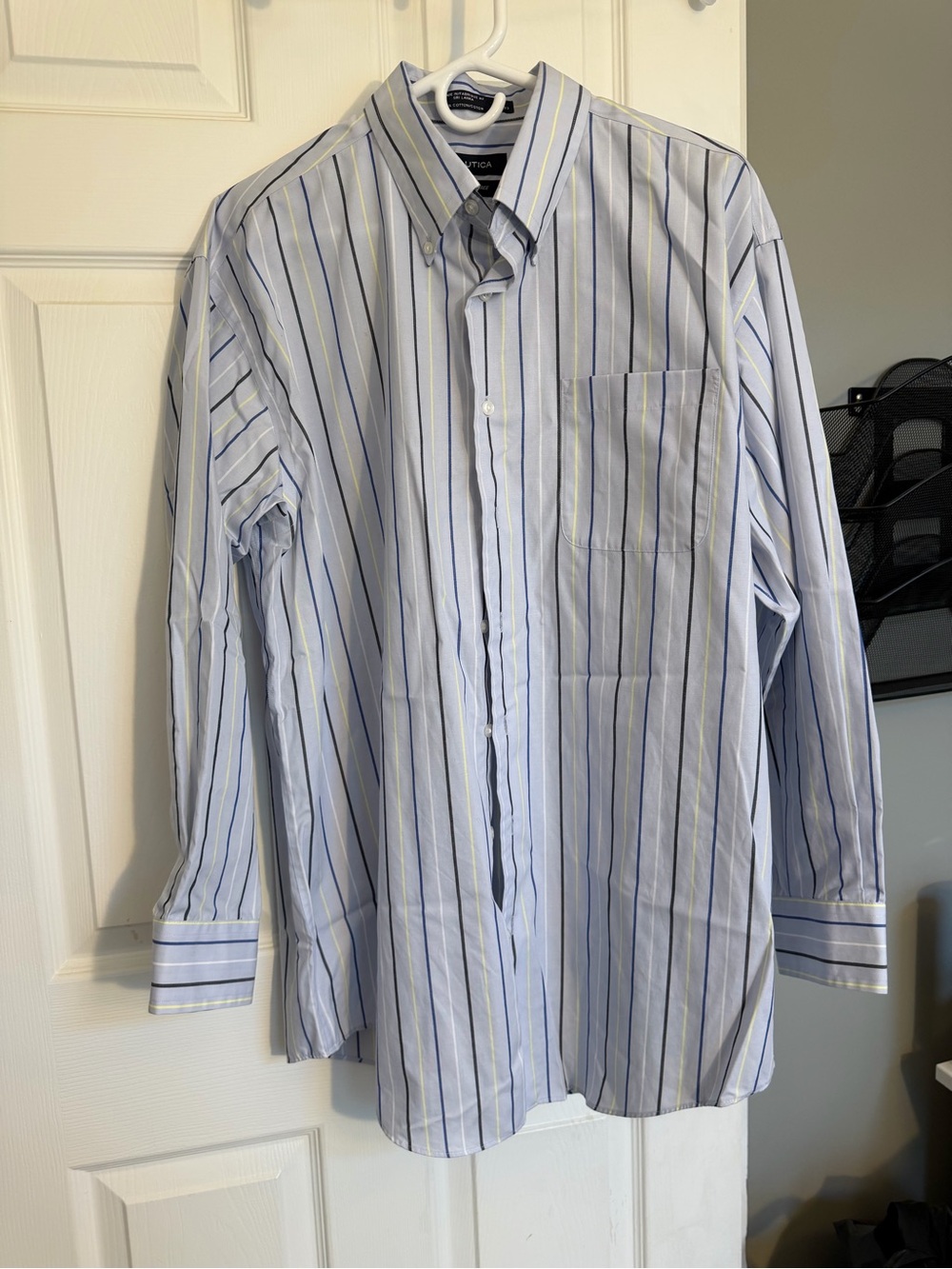 Nautica Light Blue Button-Down Shirt with Navy & Yellow Stripes
